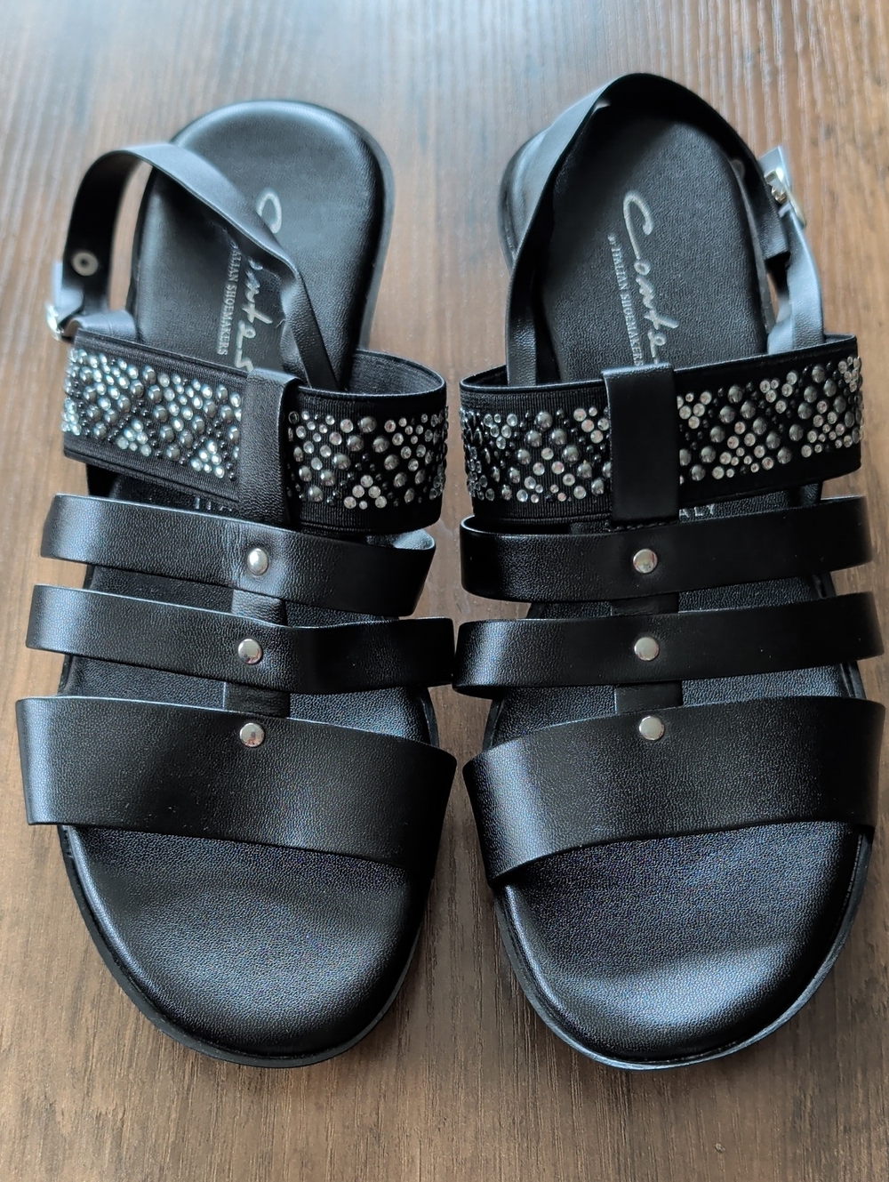 Contesa Black Multi-Strap Sandals with Jeweled Ankle Band, 9.5